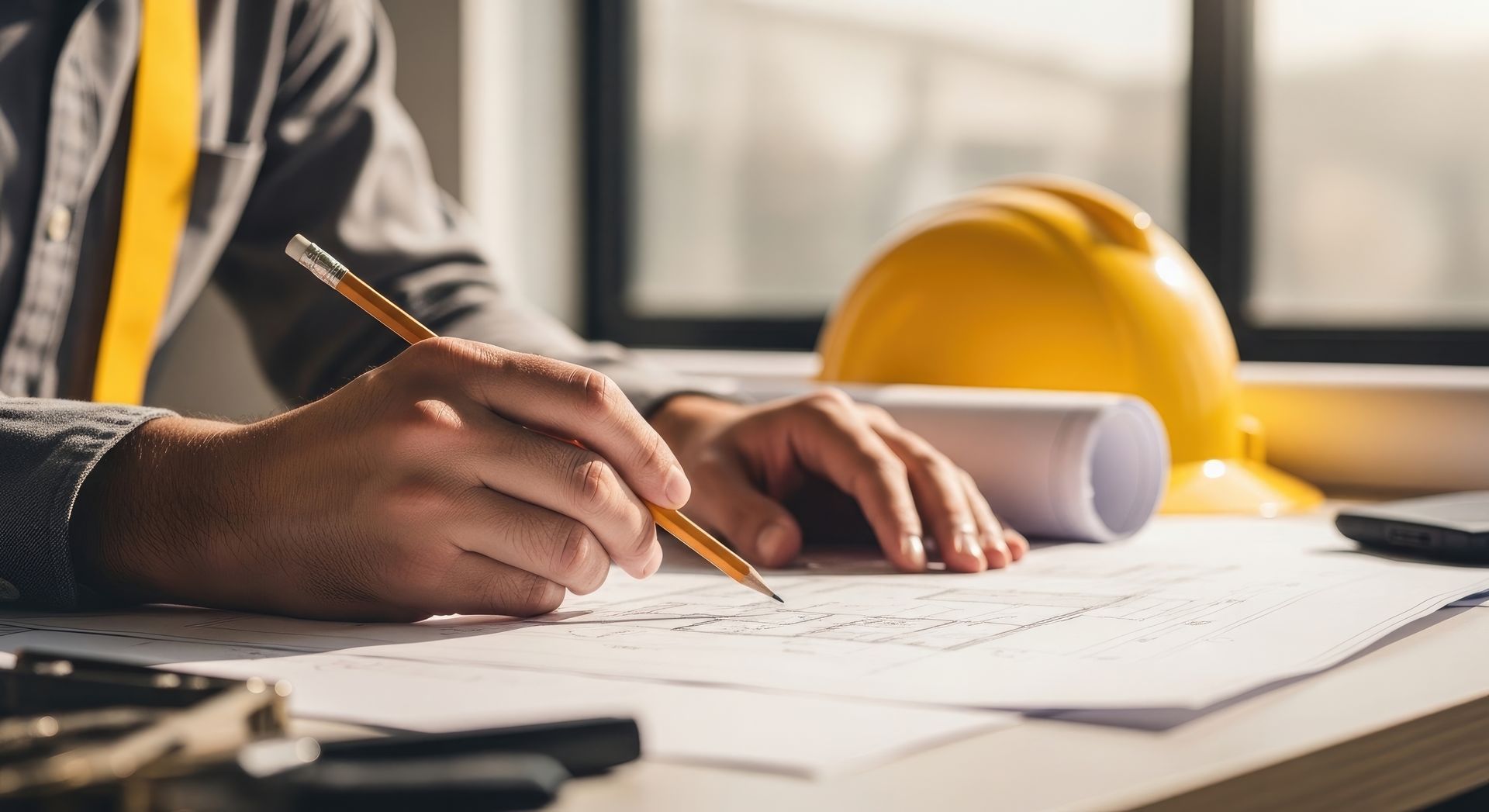 Une personne rédige sur un plan à un bureau, portant un casque de chantier jaune et des plans enroulés à proximité.