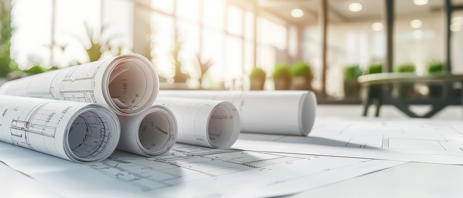Des plans architecturaux roulés sur un bureau dans un bureau lumineux avec un arrière-plan flou de fenêtres
