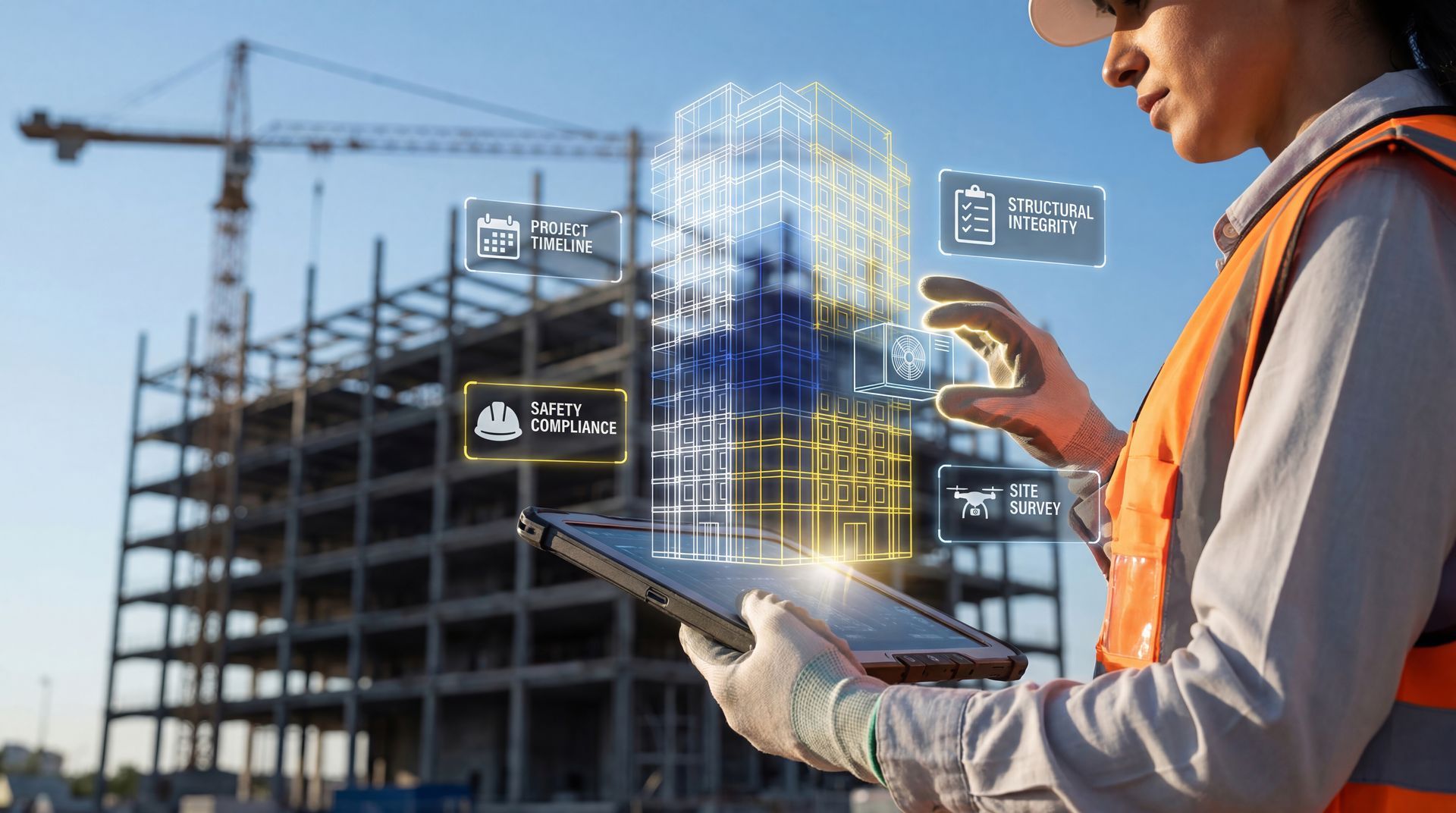 Un ouvrier du bâtiment utilise une tablette avec des superpositions numériques de bâtiments sur un chantier.