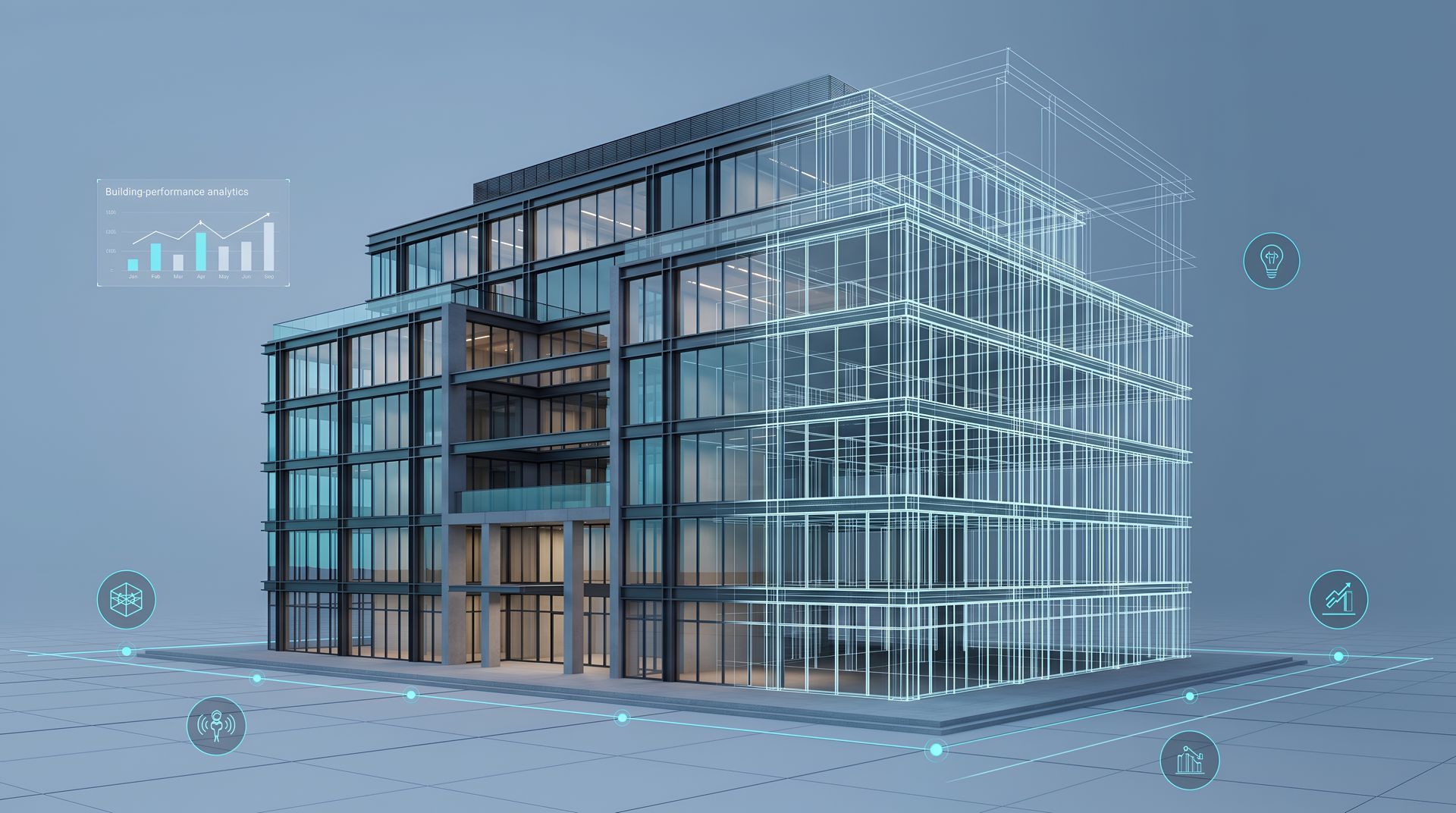 Maquette 3D d'un immeuble de bureaux en verre avec des icônes d'interface numérique bleues sur fond gris clair