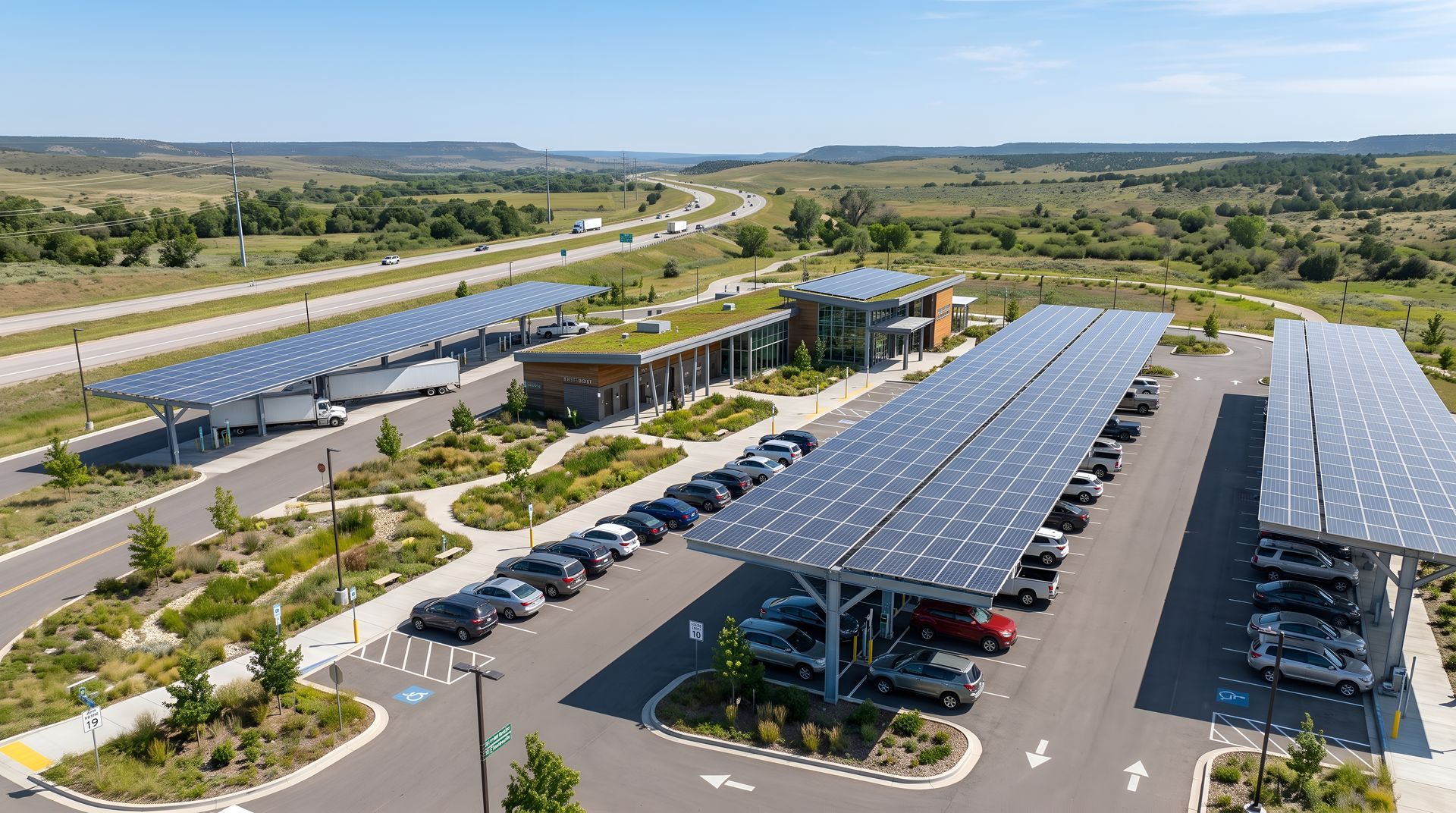 Vue aérienne d'un grand abri de parking à panneaux solaires situé à côté d'un bâtiment et d'une route dans un espace paysager