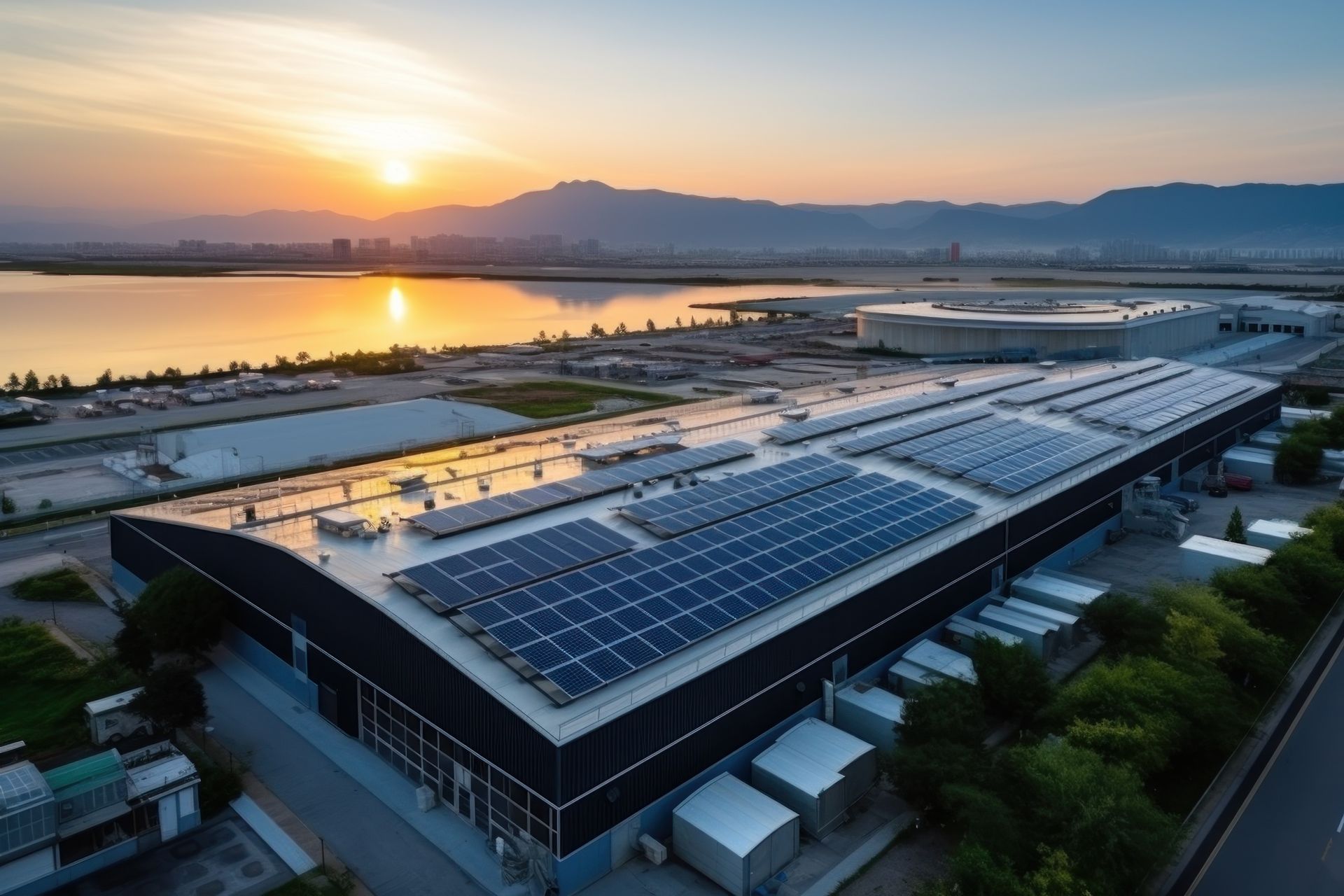 Bâtiment recouvert de panneaux solaires au bord d'une rivière au coucher du soleil, avec des montagnes à l'horizon.