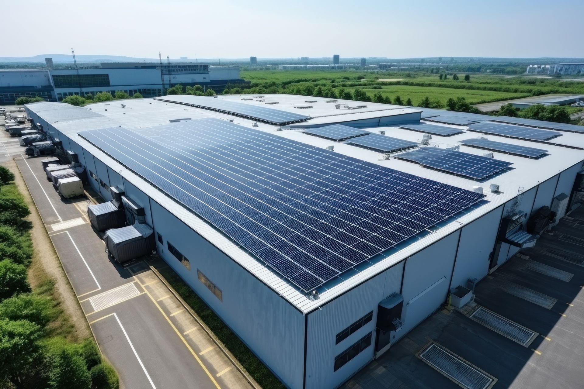 Vue aérienne d'un grand entrepôt avec panneaux solaires sur le toit et quais de chargement