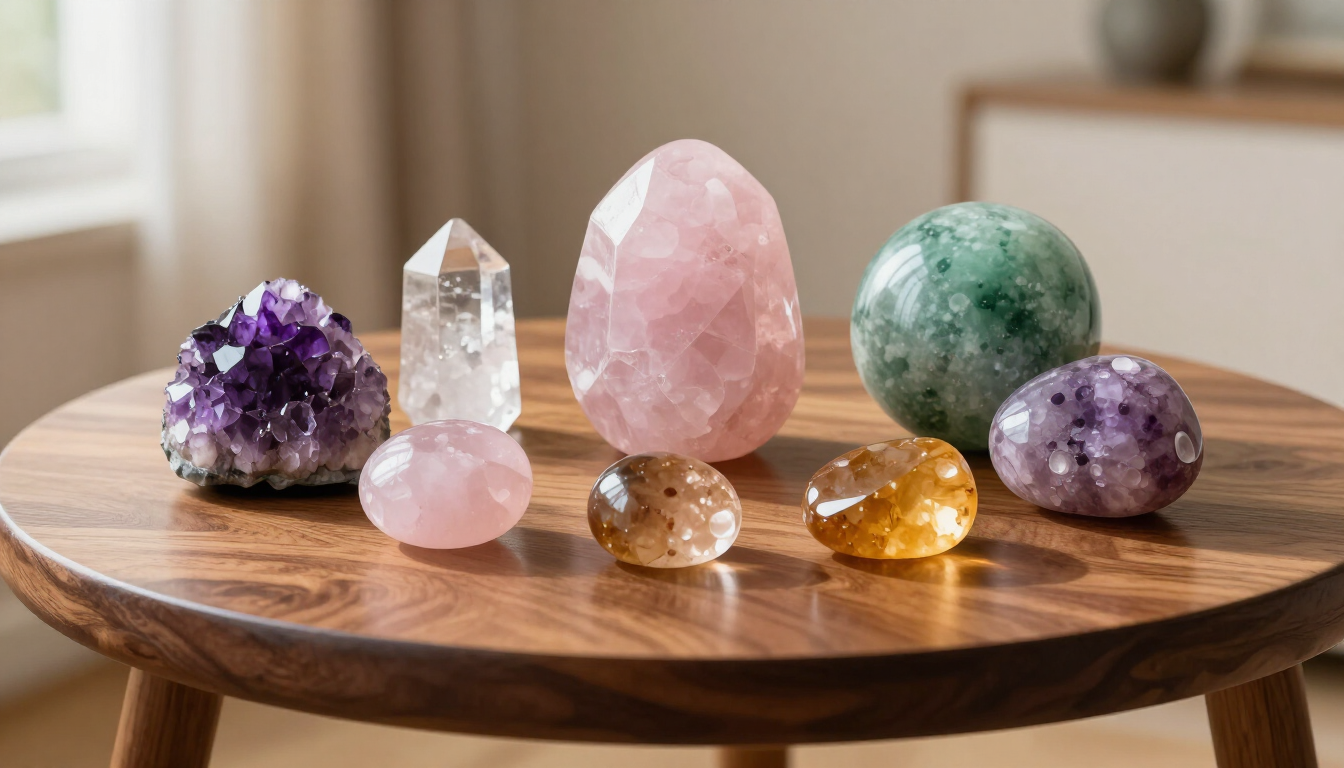 Cristales y piedras preciosas pulidas de diversos tamaños expuestas sobre una mesa redonda de madera.