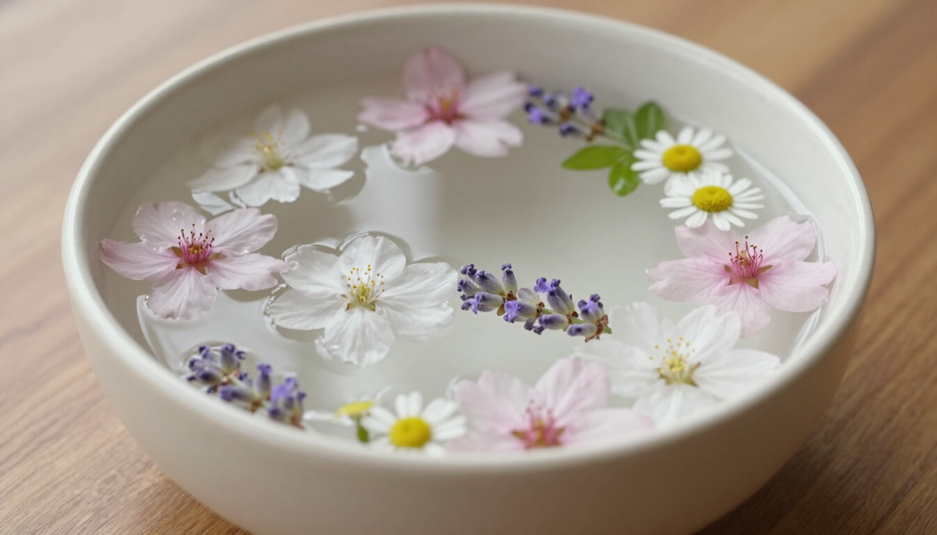 Cuenco blanco con agua y flores rosas, blancas y amarillas flotando sobre una superficie de madera.