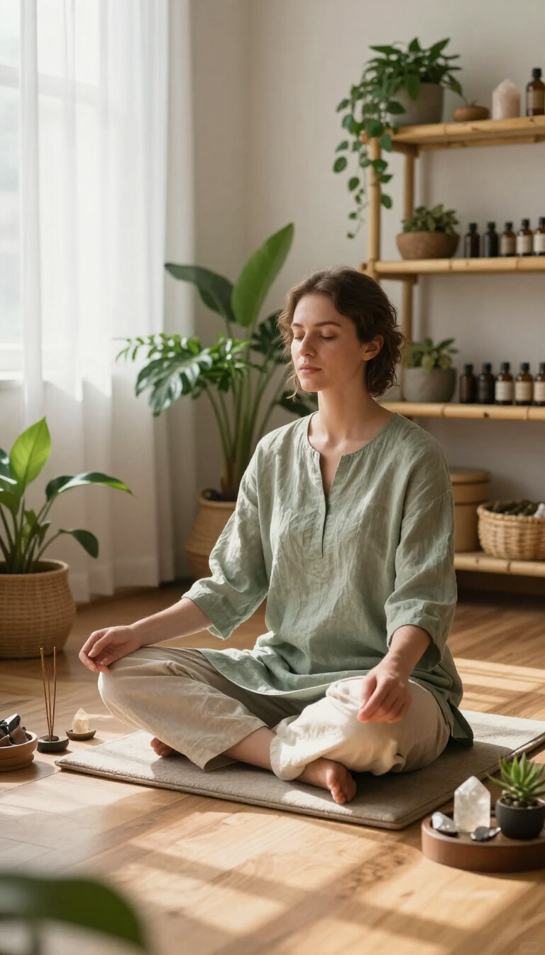 Mujer meditando sobre una esterilla en una habitación soleada con plantas y estantes llenos de frascos.