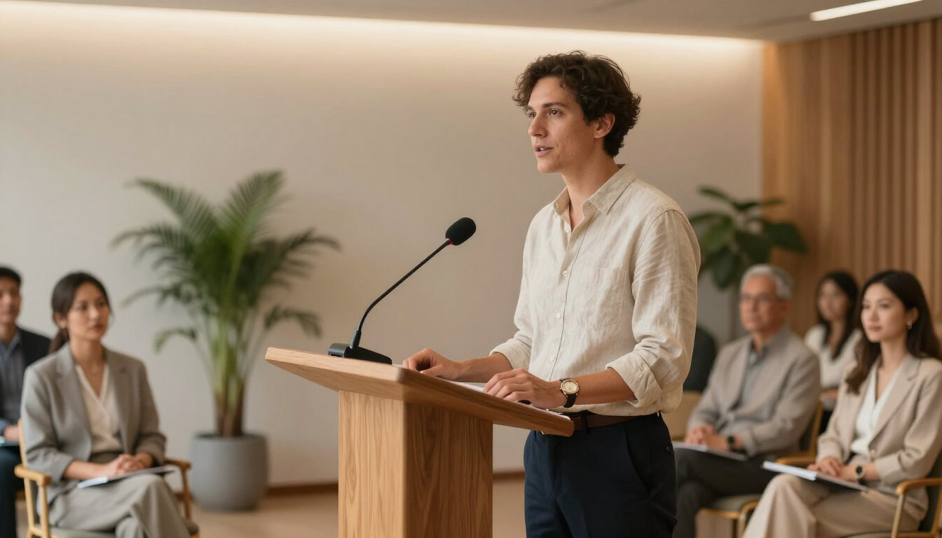 Un orador, desde un podio, se dirige a una audiencia en una luminosa sala de conferencias.
