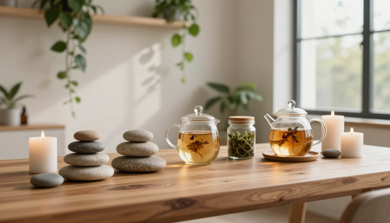 Mesa de spa con piedras apiladas, velas y tarros de té de cristal junto a una ventana luminosa.
