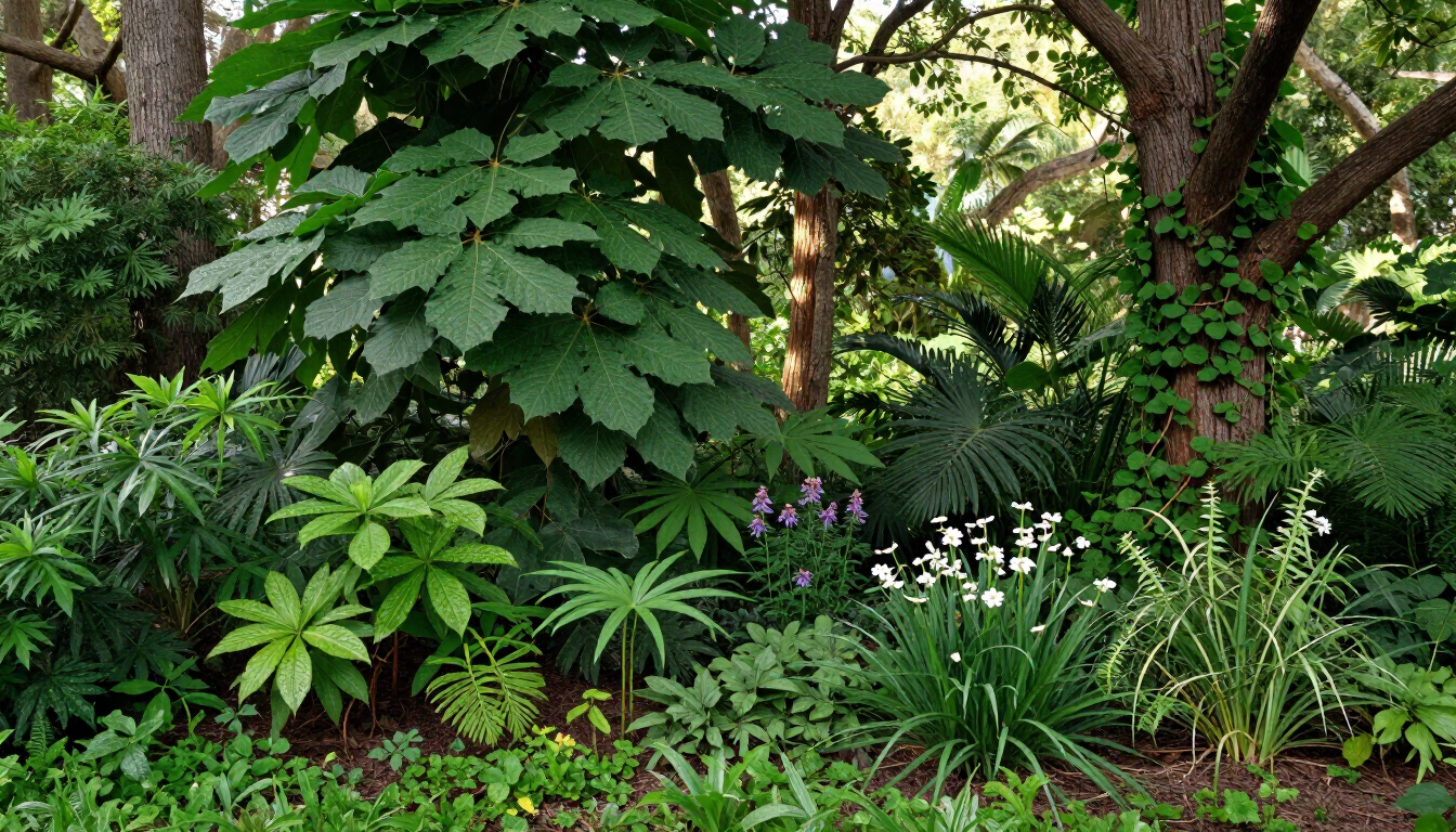 Jardín tropical exuberante y verde con follaje en capas, flores blancas y troncos de árboles al fondo.