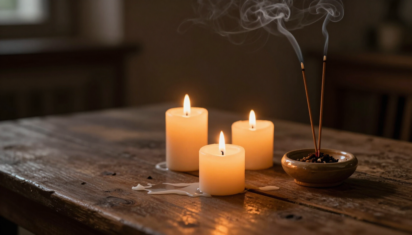 Tres velas encendidas e incienso sobre una mesa rústica de madera en una habitación con poca luz.