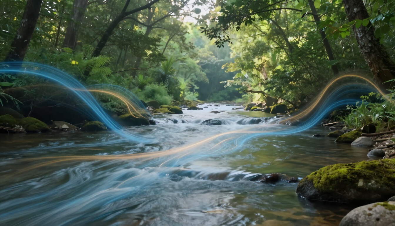 Arroyo forestal iluminado por el sol con agua que fluye y senderos de luz azul a través del río.