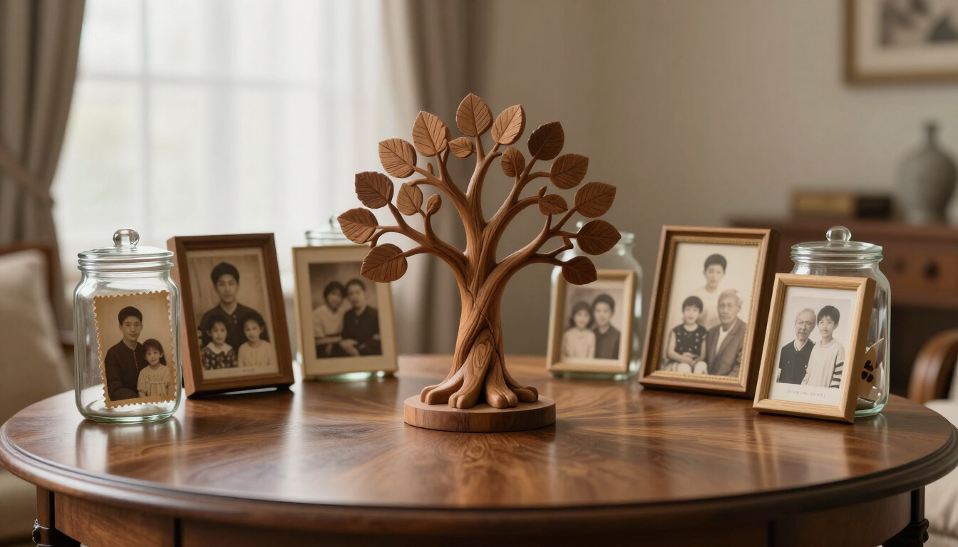 Mesa de madera con fotos familiares enmarcadas dispuestas alrededor de un centro de mesa decorativo con forma de árbol, en el interior.