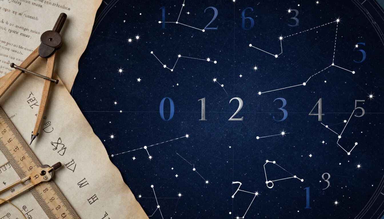 Compás y regla sobre un cielo azul estrellado con números y líneas que forman constelaciones.