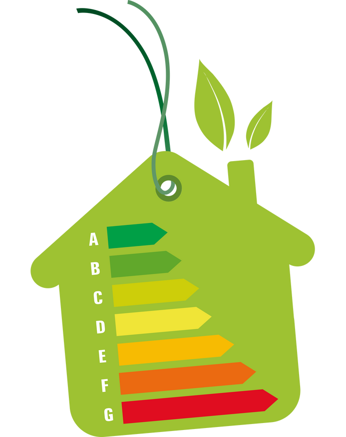 Maison bleu avec flèches vertes.