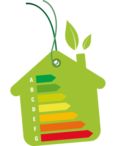 Maison bleu avec flèches vertes.