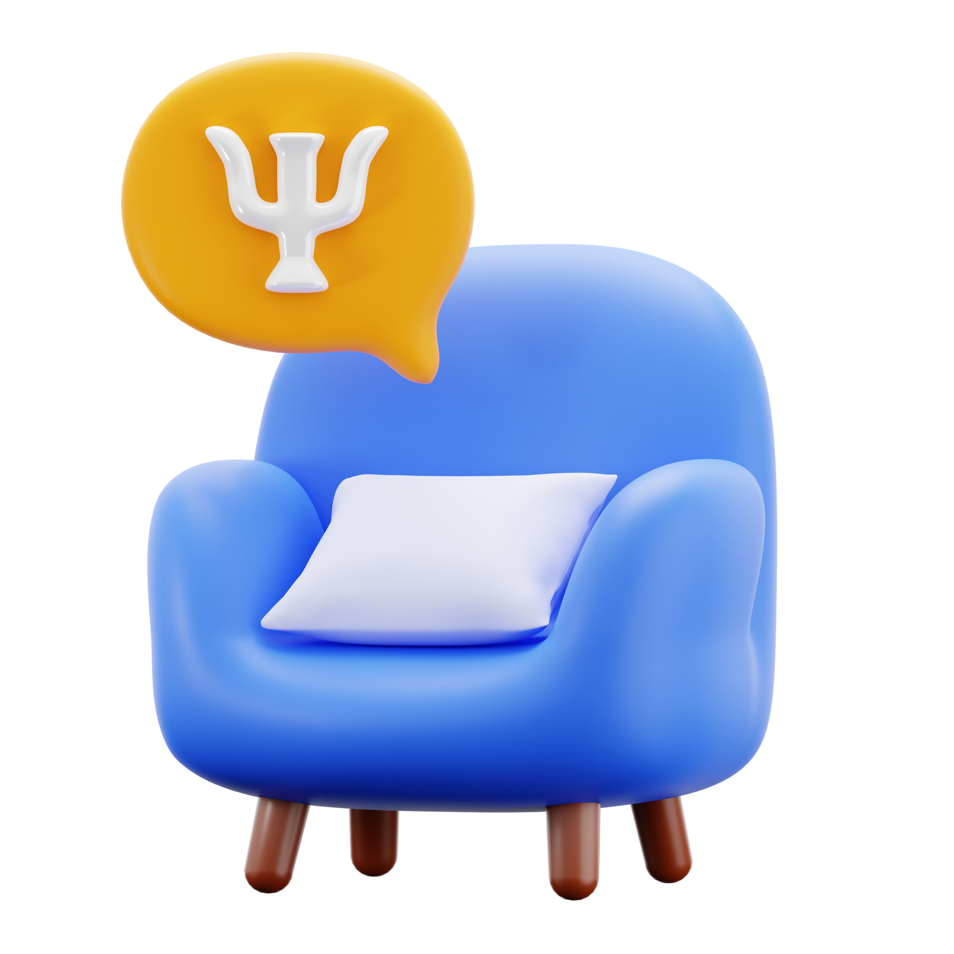 Fauteuil bleu avec un coussin blanc et une bulle de pensée orange avec le symbole psychologique.