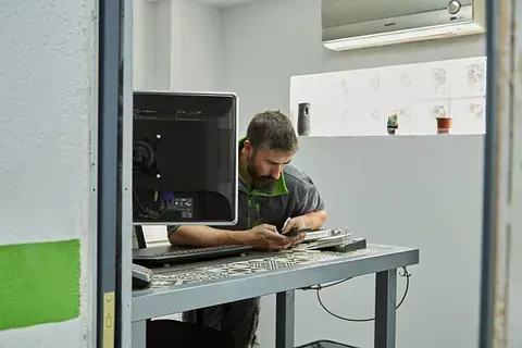 Un hombre está sentado en un escritorio frente a un monitor de computadora.