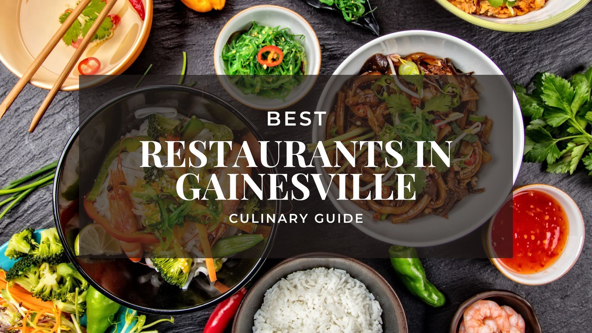 Assorted sushi, rice bowls, and stir-fry on a black table with text ‘Best Restaurants in Gainesville, Culinary Guide.