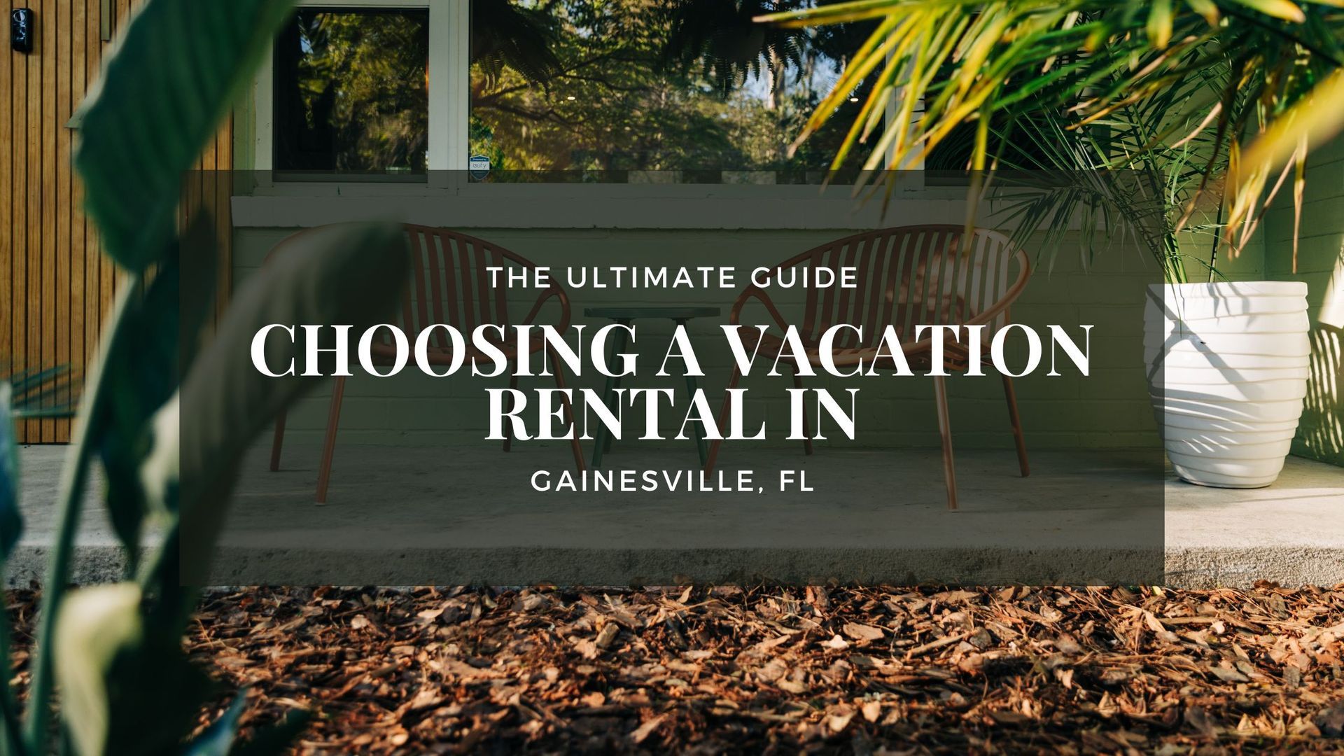 Bedroom with white bed frame and text overlay: ‘Choosing a Vacation Rental in Gainesville, FL