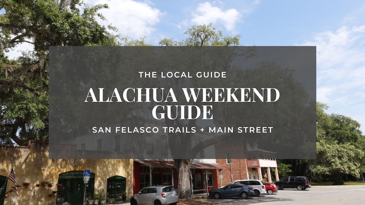 Alachua Weekend Guide cover image showing Main Street Alachua with oak trees