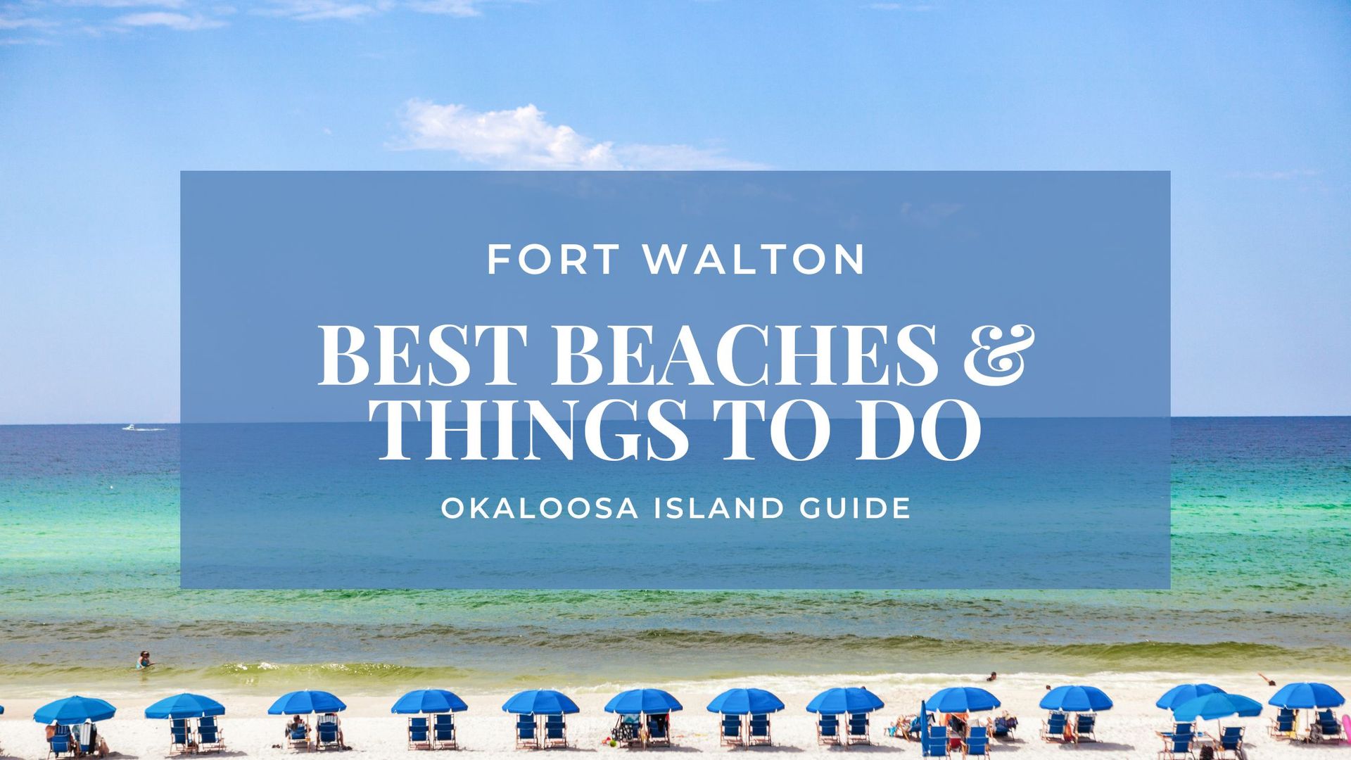 Blue sky over a beach with blue umbrellas. Text says 