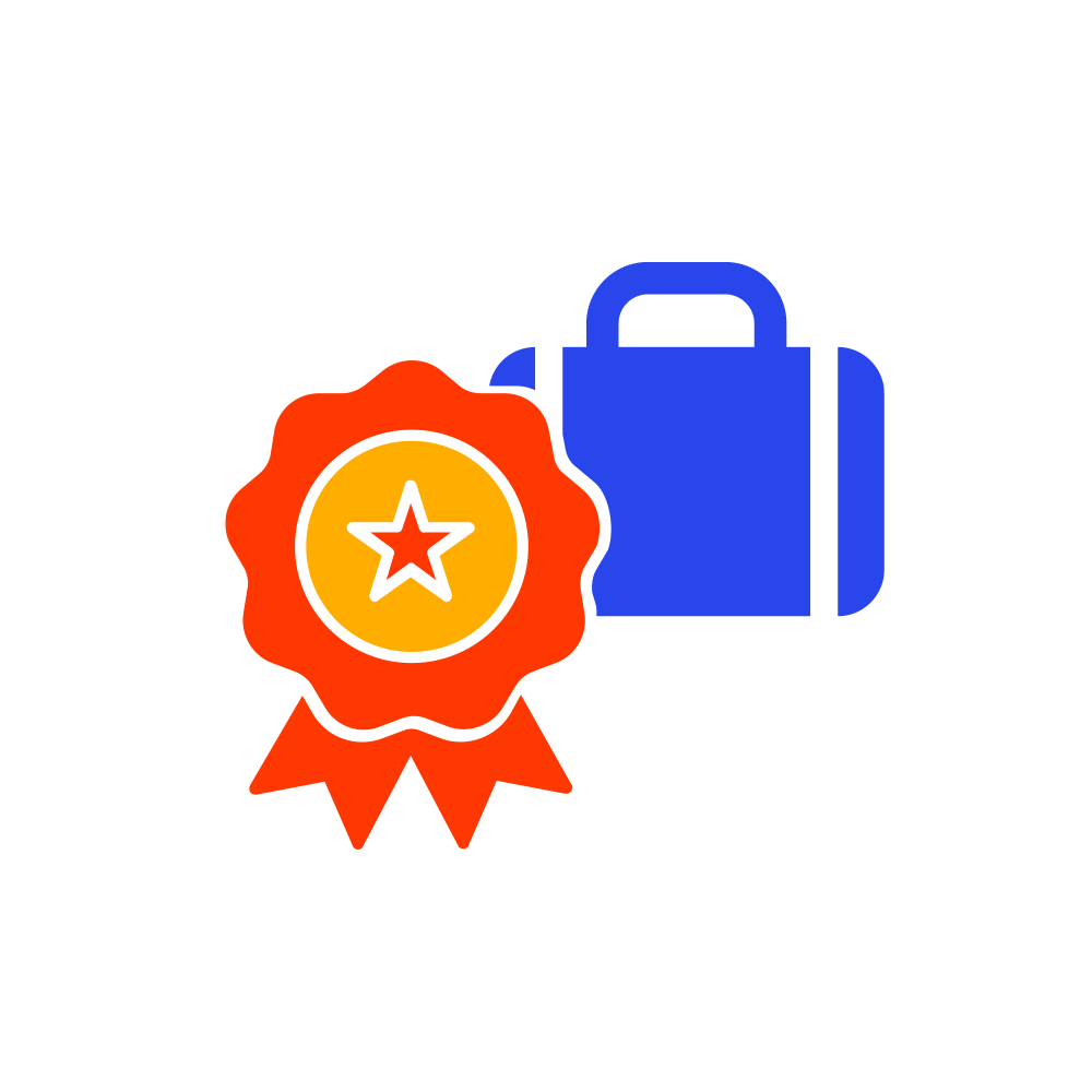 Orange award ribbon with a star beside a blue suitcase, representing recognition or travel excellence.