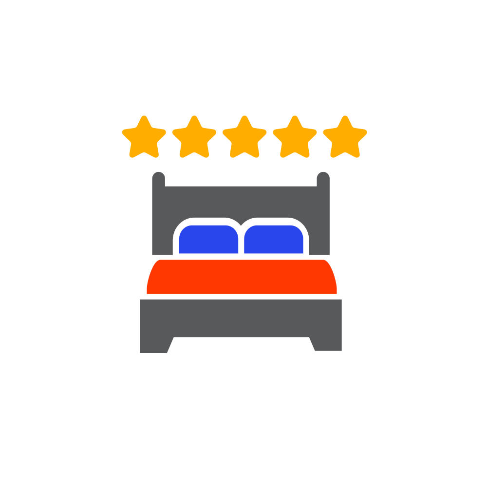 Gray bed with blue pillows and orange blanket, five gold stars above, symbolizing top-rated hotel accommodations.
