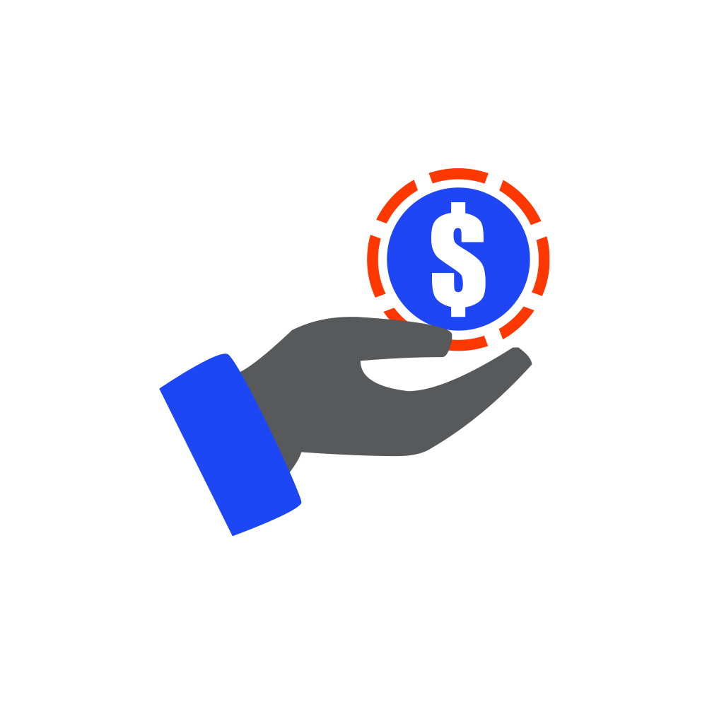 Gray hand with a blue sleeve holding a blue dollar coin with orange edges, symbolizing saving or financial transactions.