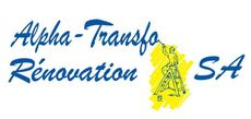 Un logo bleu et jaune pour alpha transform renovation sa