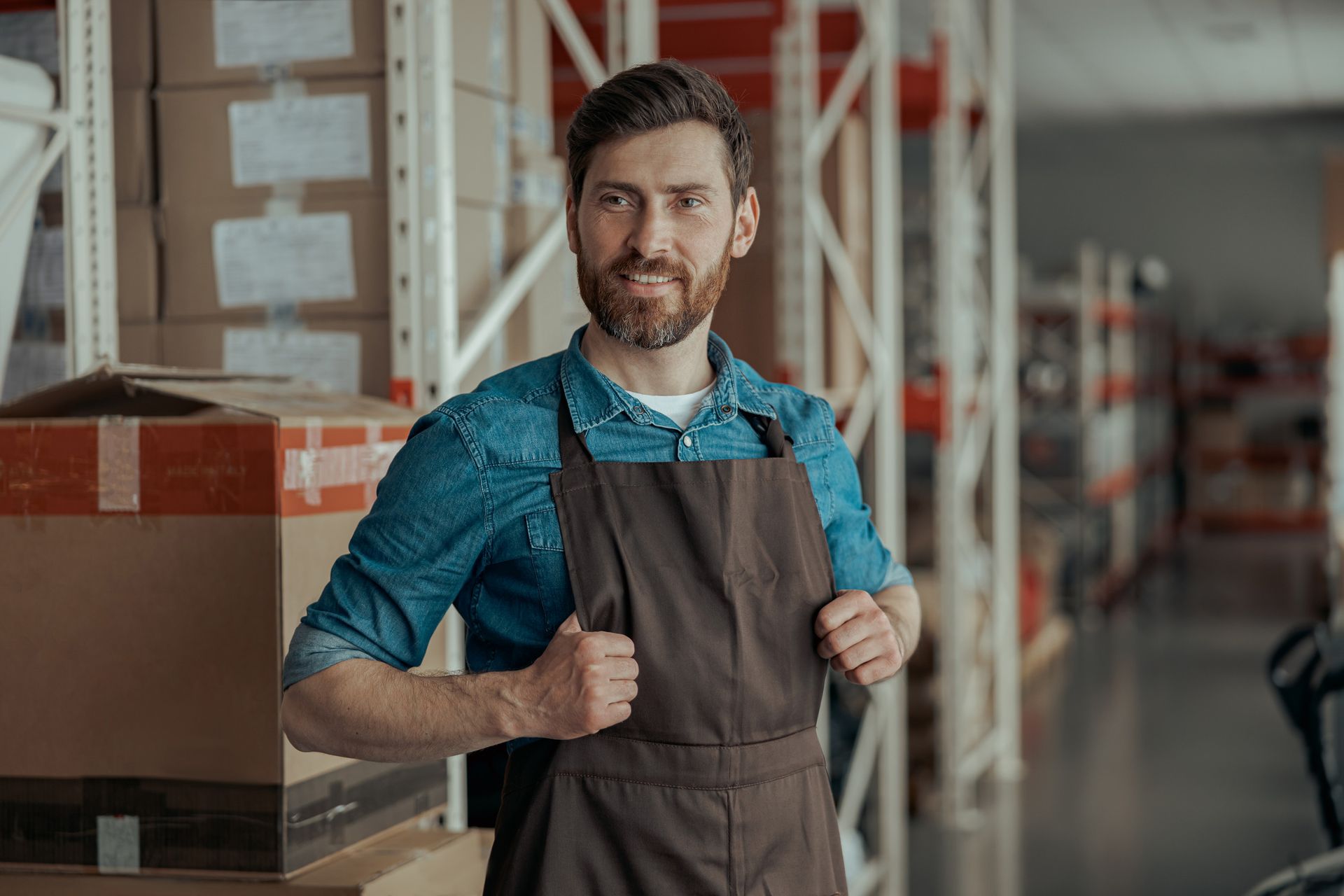 Un hombre con delantal hace un gesto de aprobación con el pulgar en un almacén.
