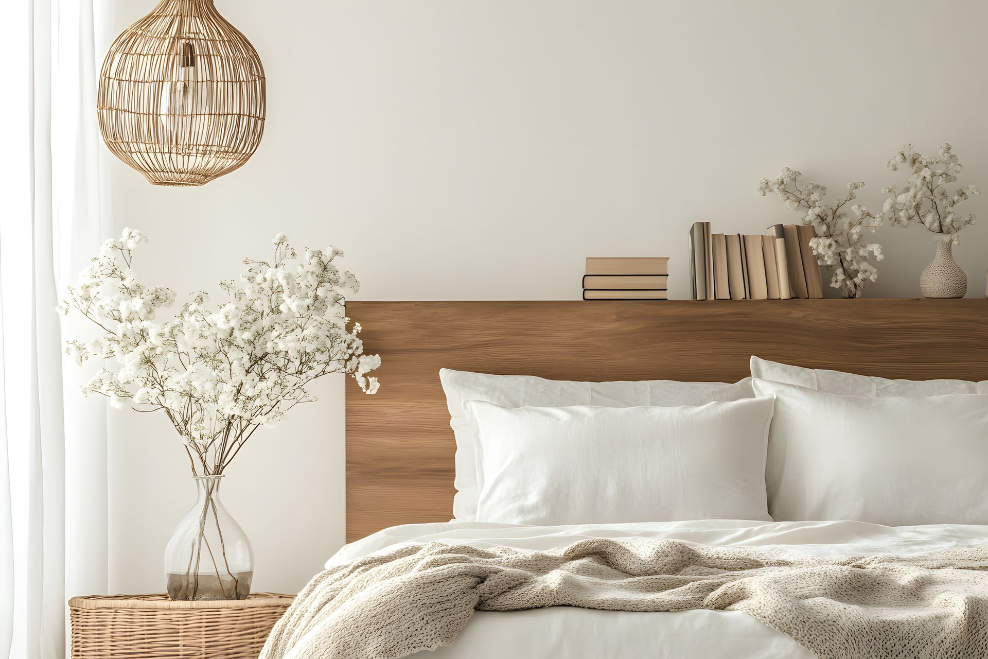 Chambre cosy : linge de lit blanc, tête de lit en bois avec des livres, fleurs dans des vases, suspension lumineuse en tissu tressé, table de chevet, couverture beige