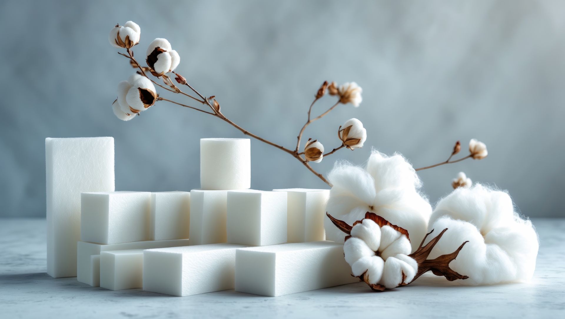 Cubes de mousses blancs et branche de fleurs de coton