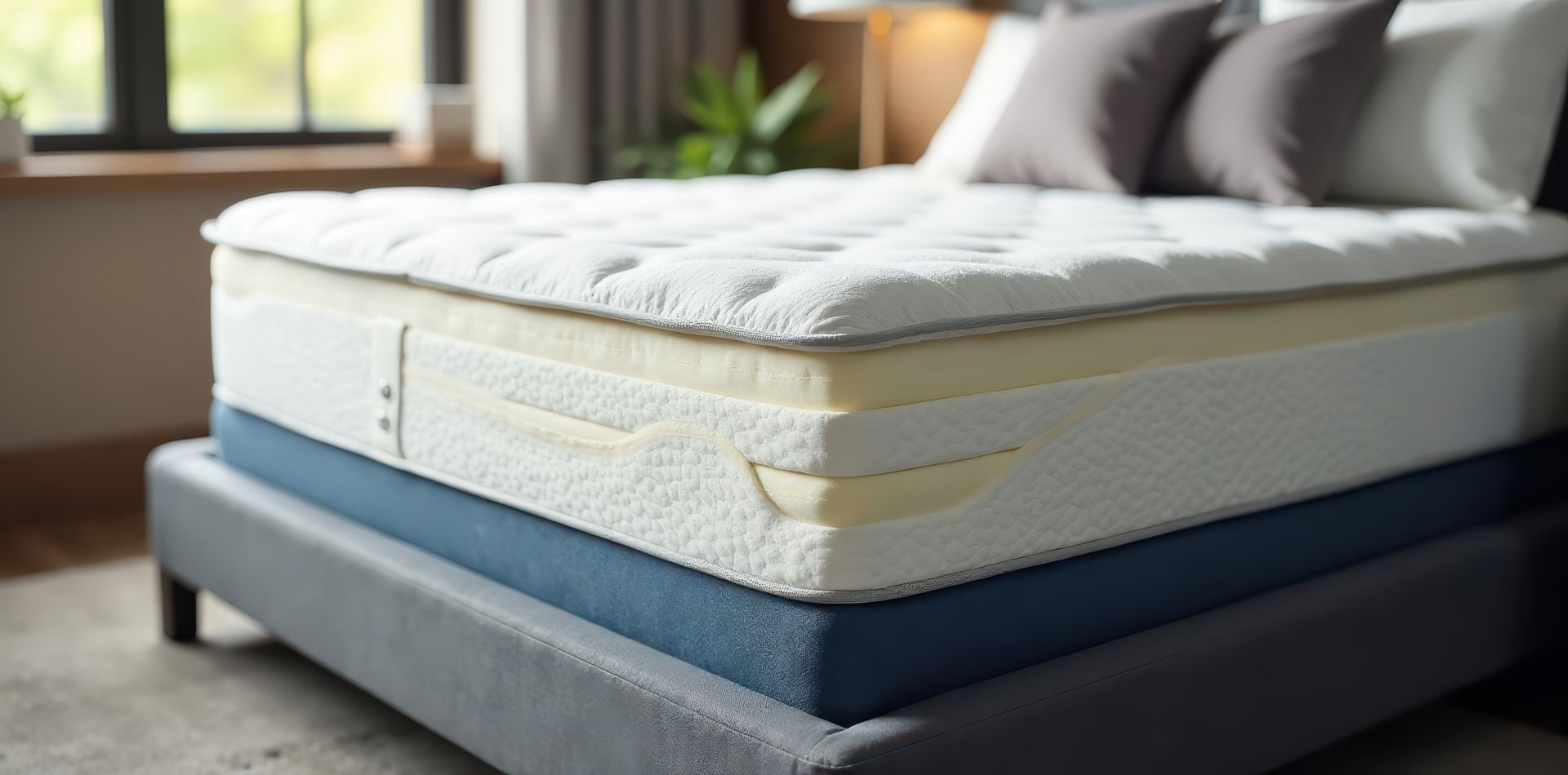 Matelas en latex sur un sommier tapissier gris