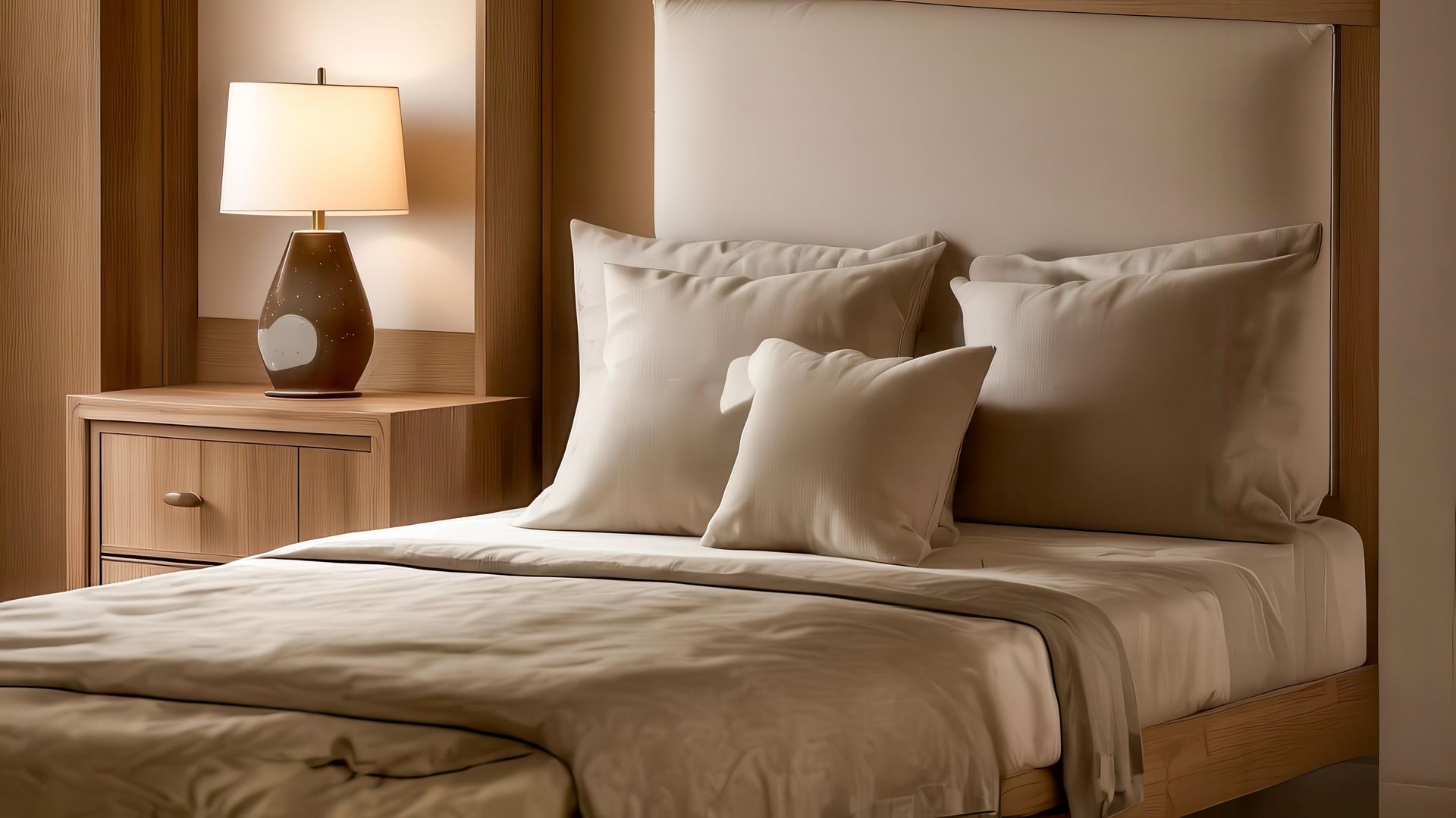 Chambre avec un lit aux tons neutres, des oreillers et une table de chevet en bois avec une lampe