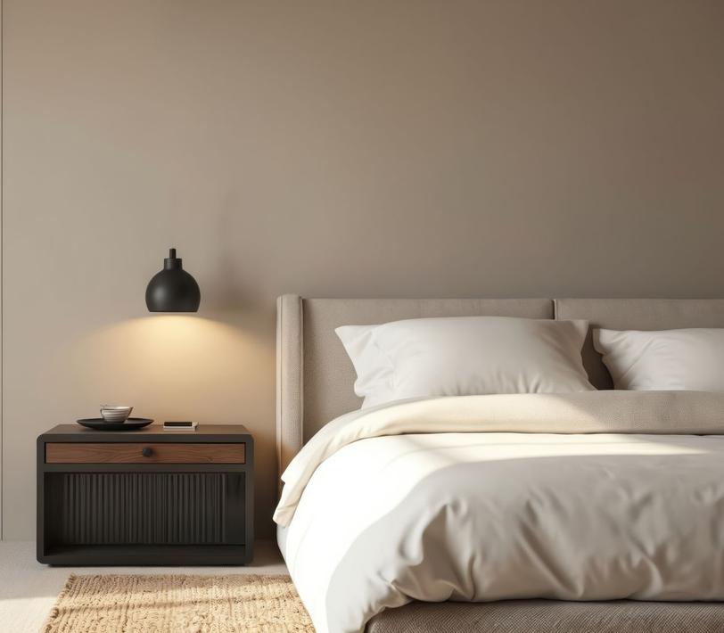 Lit, table de nuit et tapis en rotin