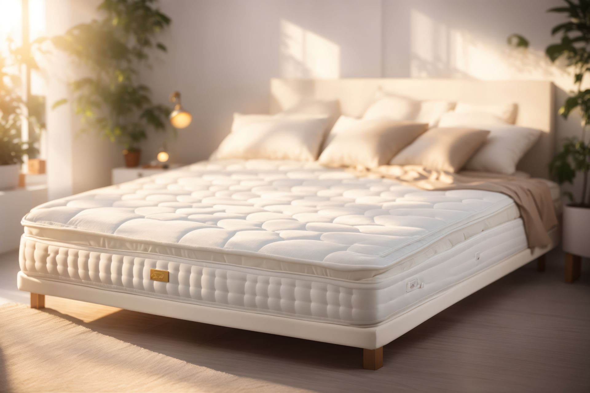 Matelas couleur crème sur un cadre de lit avec oreillers, éclairage doux et plantes d'intérieur