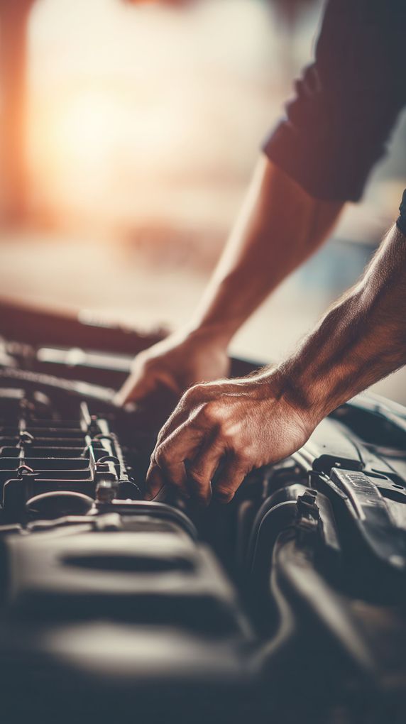 Une personne travaille sur un moteur de voiture ; ses mains pénètrent dans le compartiment moteur, sous une forte lumière du soleil.