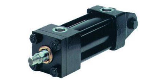Cylindre hydraulique noir avec tige de piston sur fond blanc
