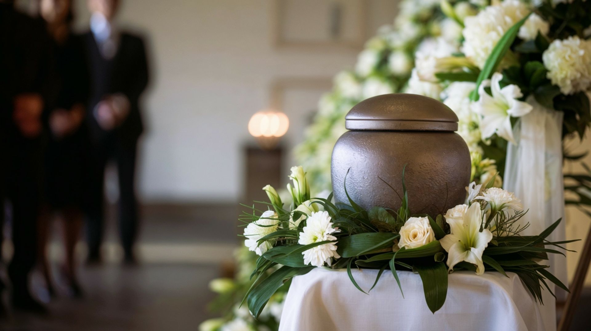 Une urne est posée sur un socle à côté de fleurs
