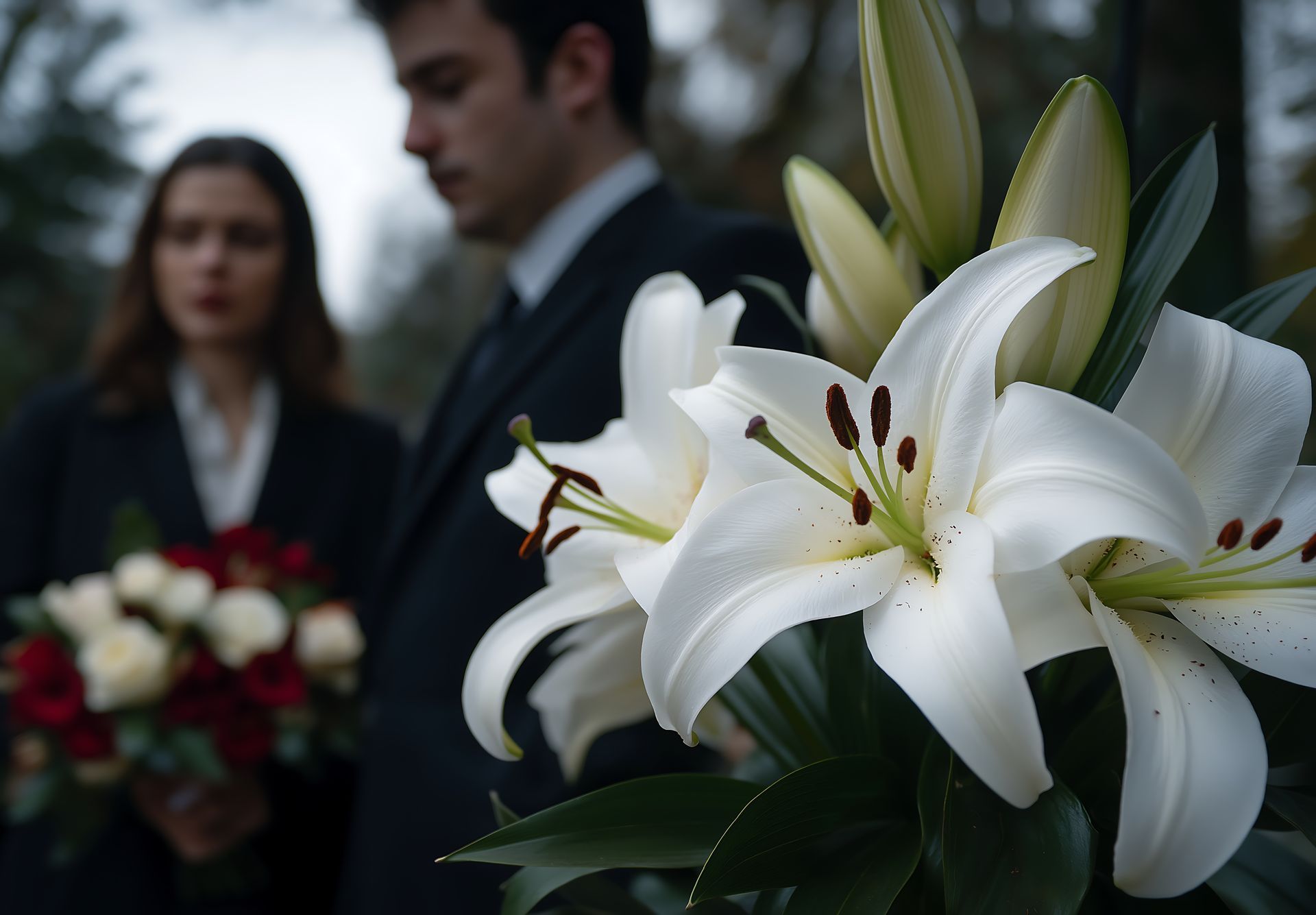 Des fleurs blanches avec un couple en fond