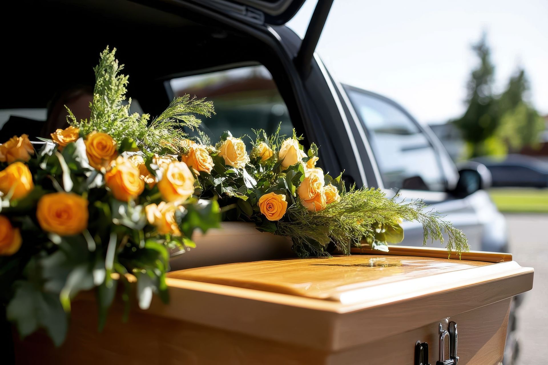 Des fleurs orange dans un corbillard