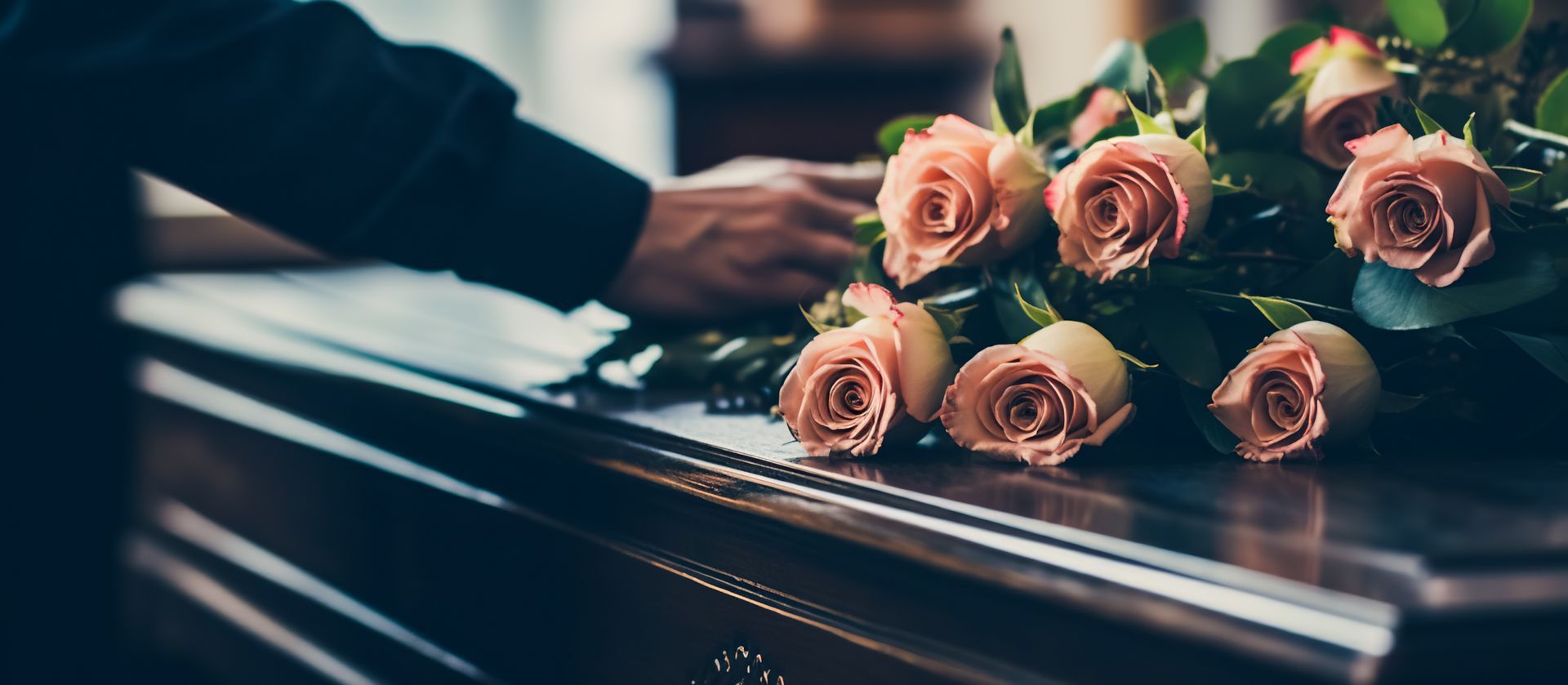 Des roses beiges sur un cercueil