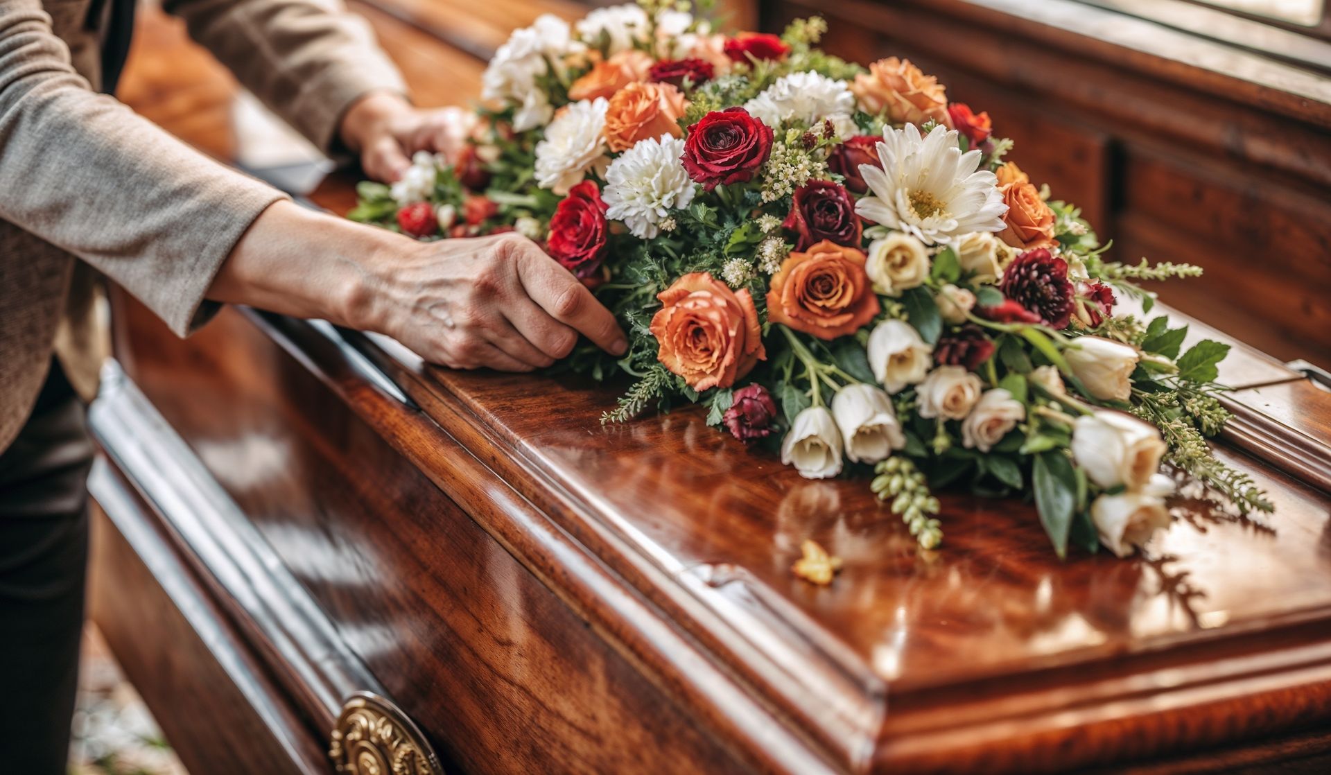 Une femme âgée pose un bouquet sur un cercueil