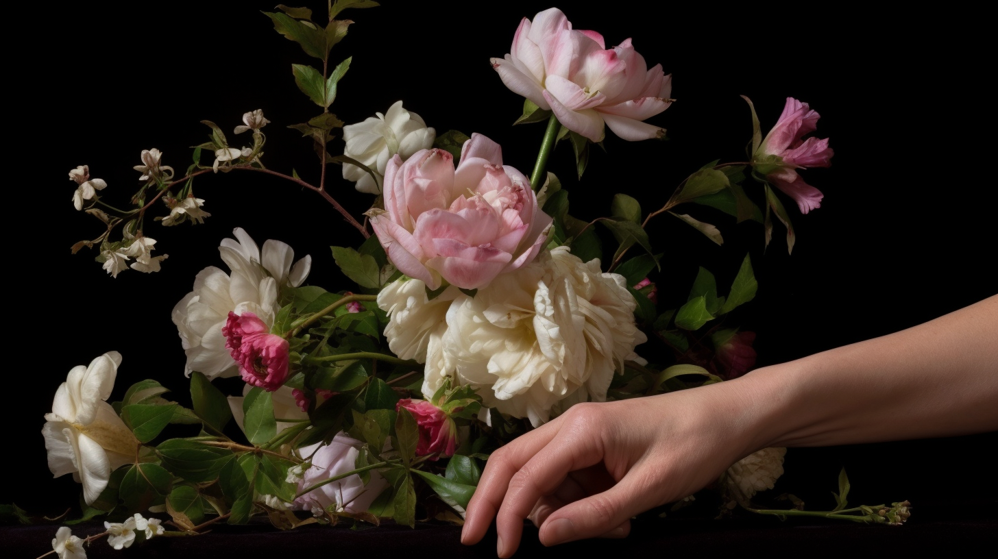Une main posée devant des fleurs