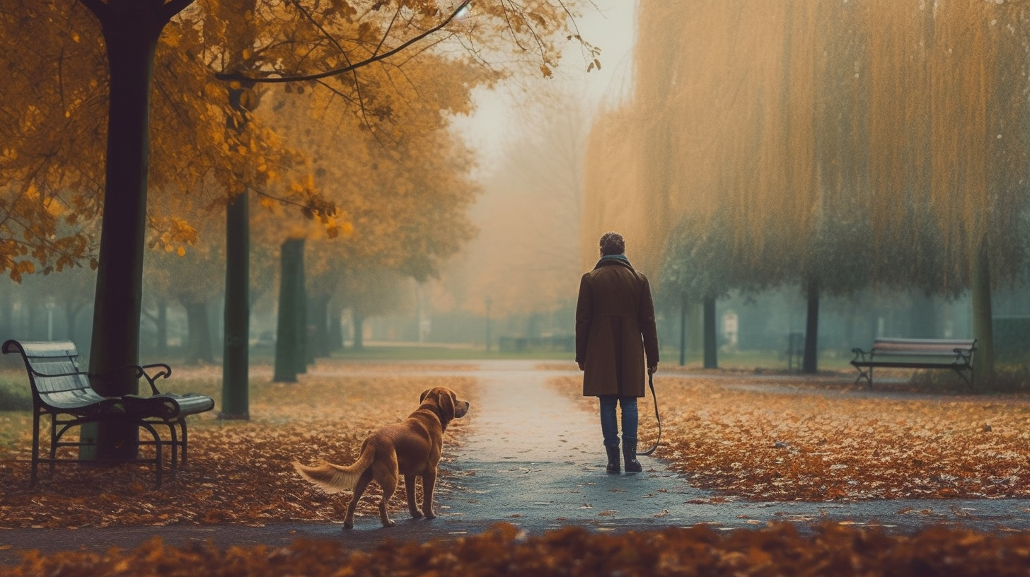 Un homme marche dans un parc avec son chien
