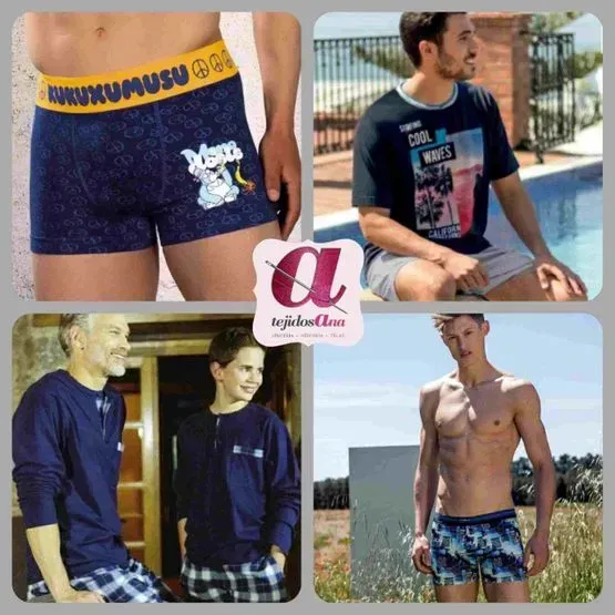 Un collage de ropa interior masculina que incluye un par de calzoncillos tipo bóxer.