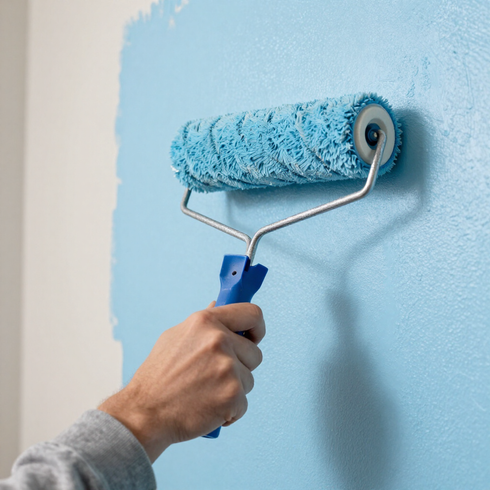 Pintar una pared de azul a mano con un rodillo de pintura azul.