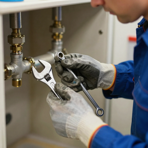 Un técnico con guantes ajusta las tuberías de plomería con una llave inglesa en un cuarto de servicio.
