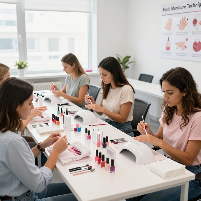 Personas pintándose las uñas en una clase de manicura, con frascos de esmalte y herramientas manuales sobre mesas blancas.