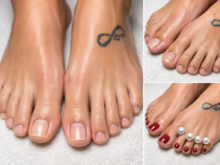 Primer plano de pies con uñas de los pies bien cuidadas y tatuajes de infinito en los tobillos, mostrando pedicuras en tonos nude y rojo.